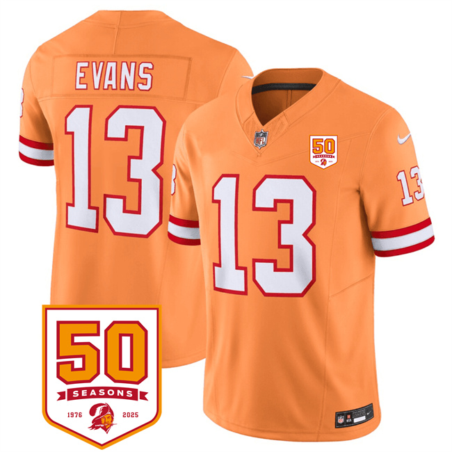 Men's Tampa Bay Buccaneers #13 Mike Evans Orange 2025 F.U.S.E. 50th Anniversary Patch Vapor Limited Stitched Jersey